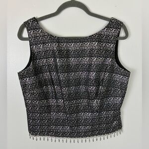 Vintage Cachet Black and Silver Patterned Tank Top Fitted Beaded Hem Size 14